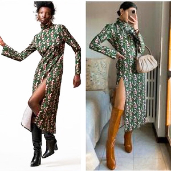 🍃 ZARA GREEN ABSTRACT PRINT FLORAL MOCK NECK SLIT MAXI DRESS! - Picture 13 of 13